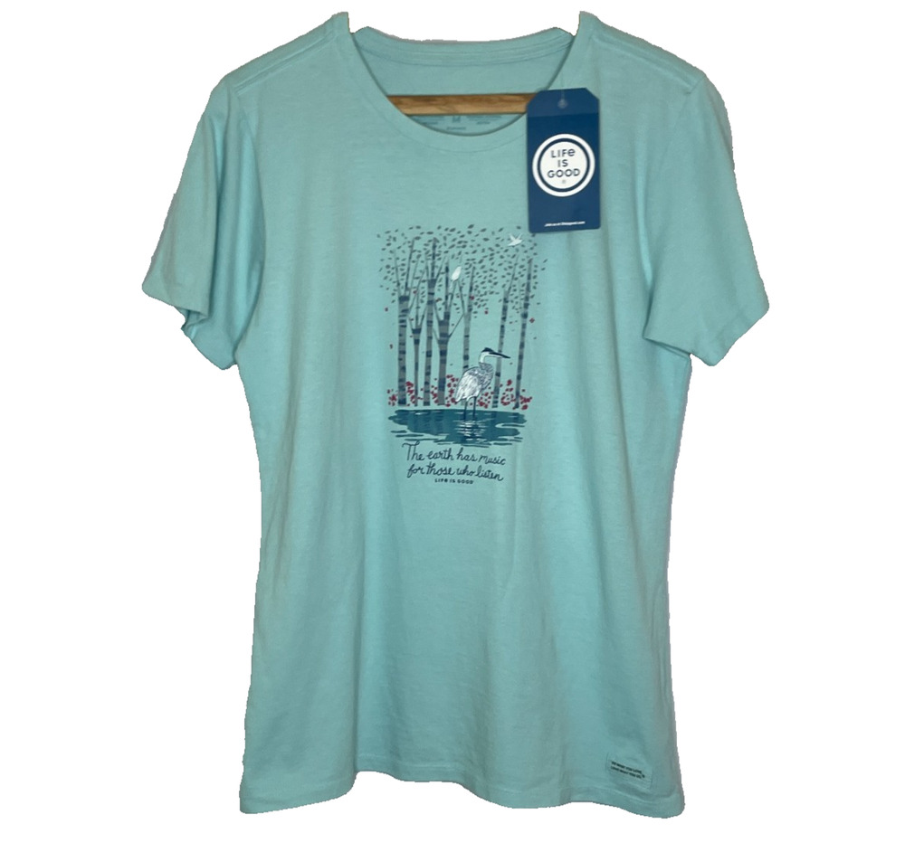 Women's Medium Life is Good Blue Graphic Earth Short Sleeve Crusher Tee